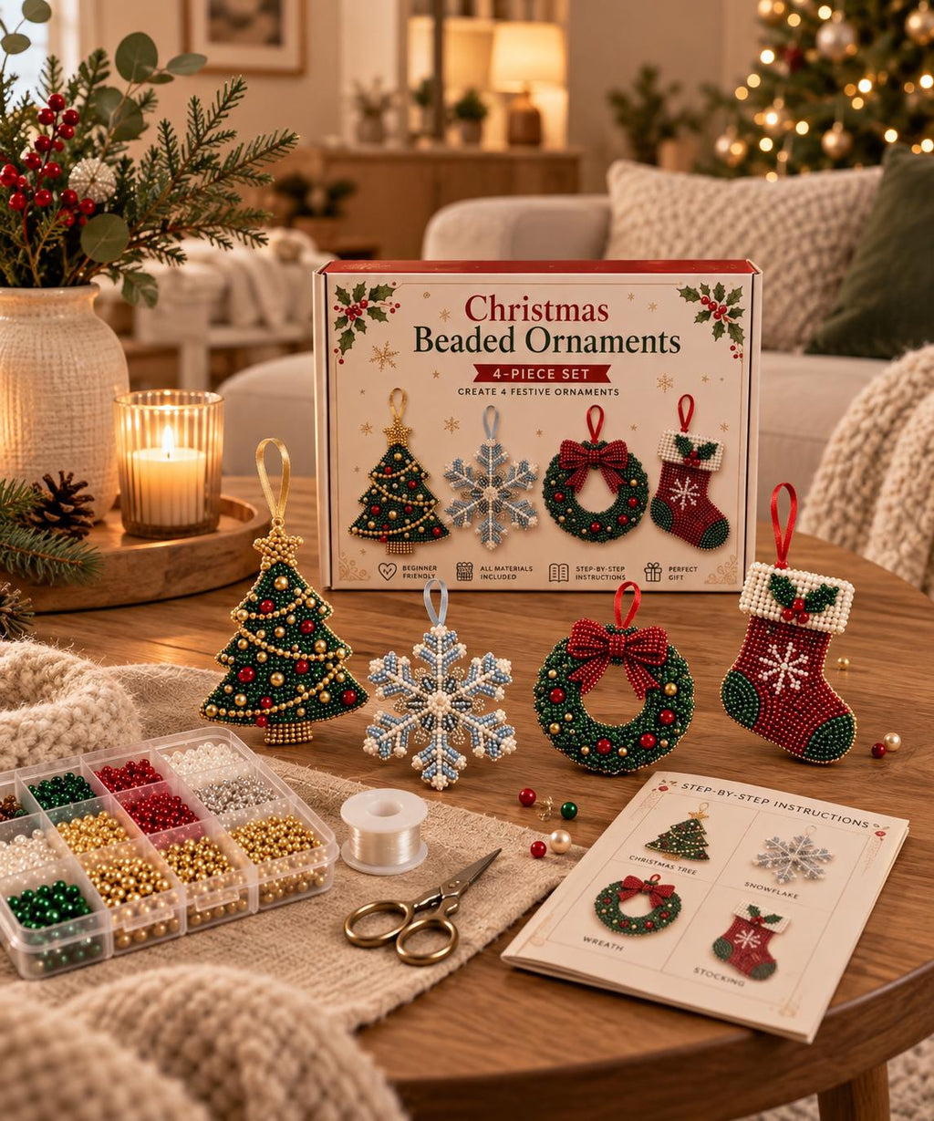 4 Pieces Christmas Beaded Ornament Kit – DIY Christmas Tree Decorations – Snowflake, Wreath, Stocking & Tree Craft Set