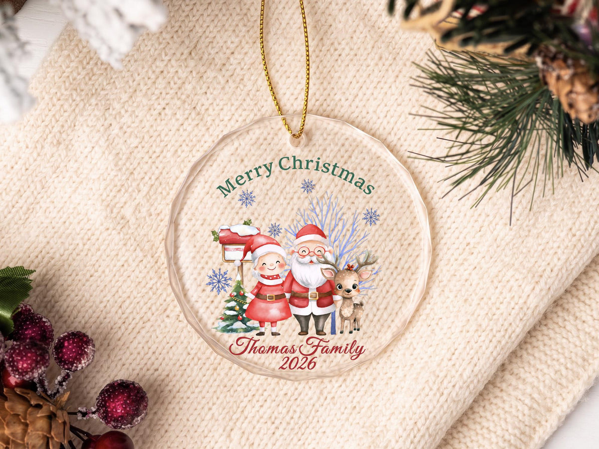 Personalized Family Christmas Glass Ornament, Custom Name Year Keepsake, Santa Holiday Tree Decor, Round Glass Ornament Gift