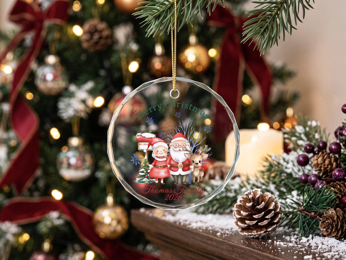 Personalized Family Christmas Glass Ornament, Custom Name Year Keepsake, Santa Holiday Tree Decor, Round Glass Ornament Gift
