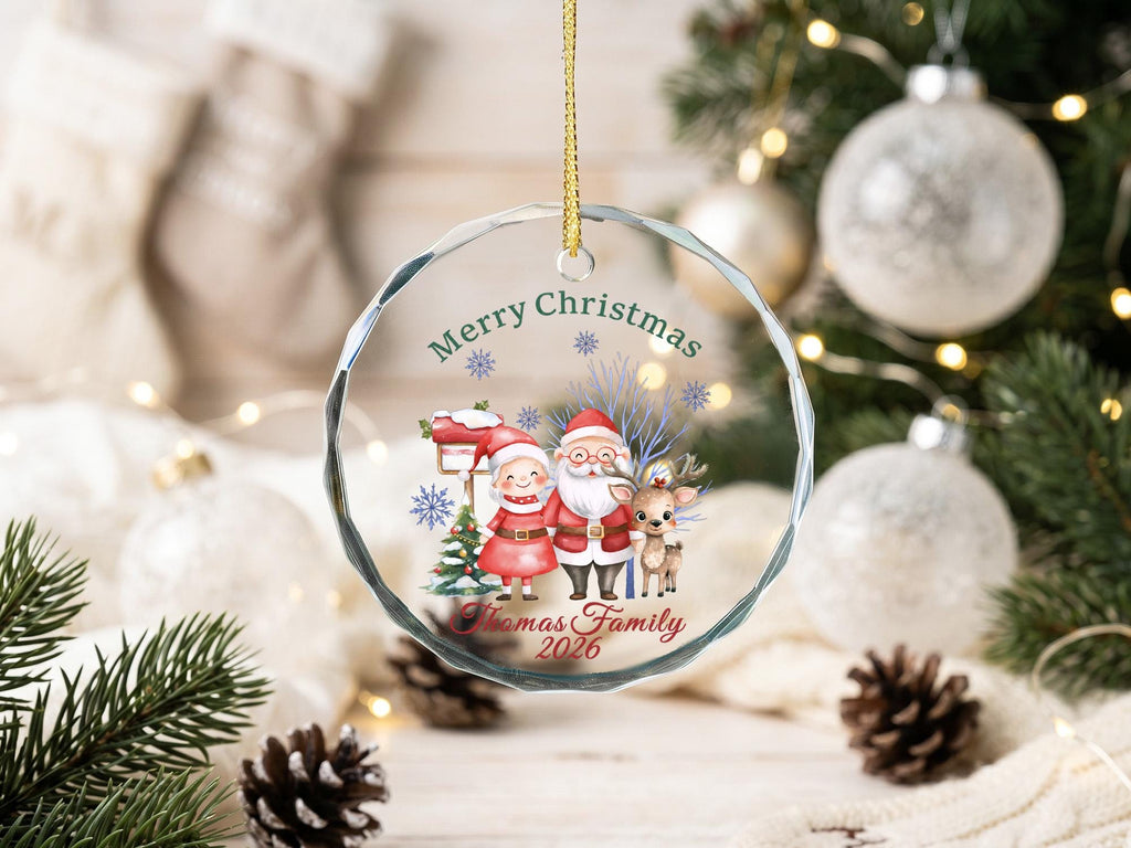 Personalized Family Christmas Glass Ornament, Custom Name Year Keepsake, Santa Holiday Tree Decor, Round Glass Ornament Gift