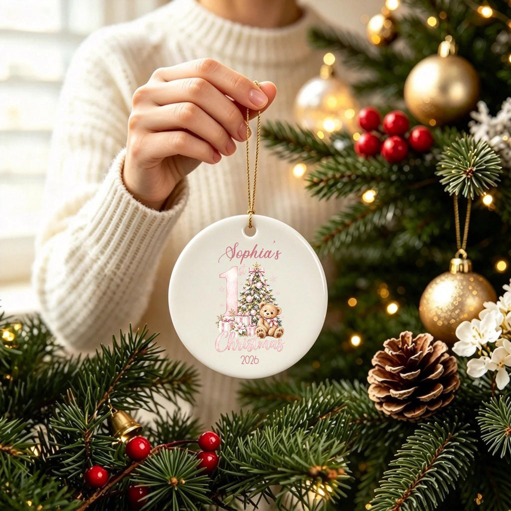 Personalized Baby 1st Christmas Ornament, Teddy Bear Name Keepsake, Christmas Gift for Granddaughter,Cozy Winter Home Accent