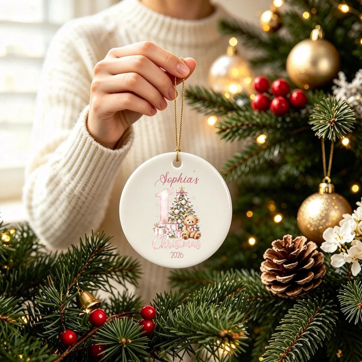 Personalized Baby 1st Christmas Ornament, Teddy Bear Name Keepsake, Christmas Gift for Granddaughter,Cozy Winter Home Accent