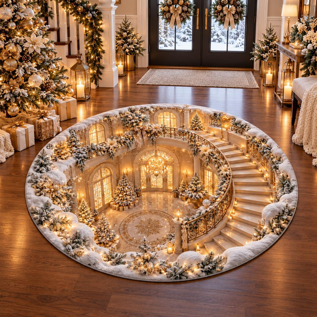 3D Illusion Christmas Round Rug, Elegant White Gold Staircase Floor Mat, Snowy Winter Wonderland Holiday Home Decor