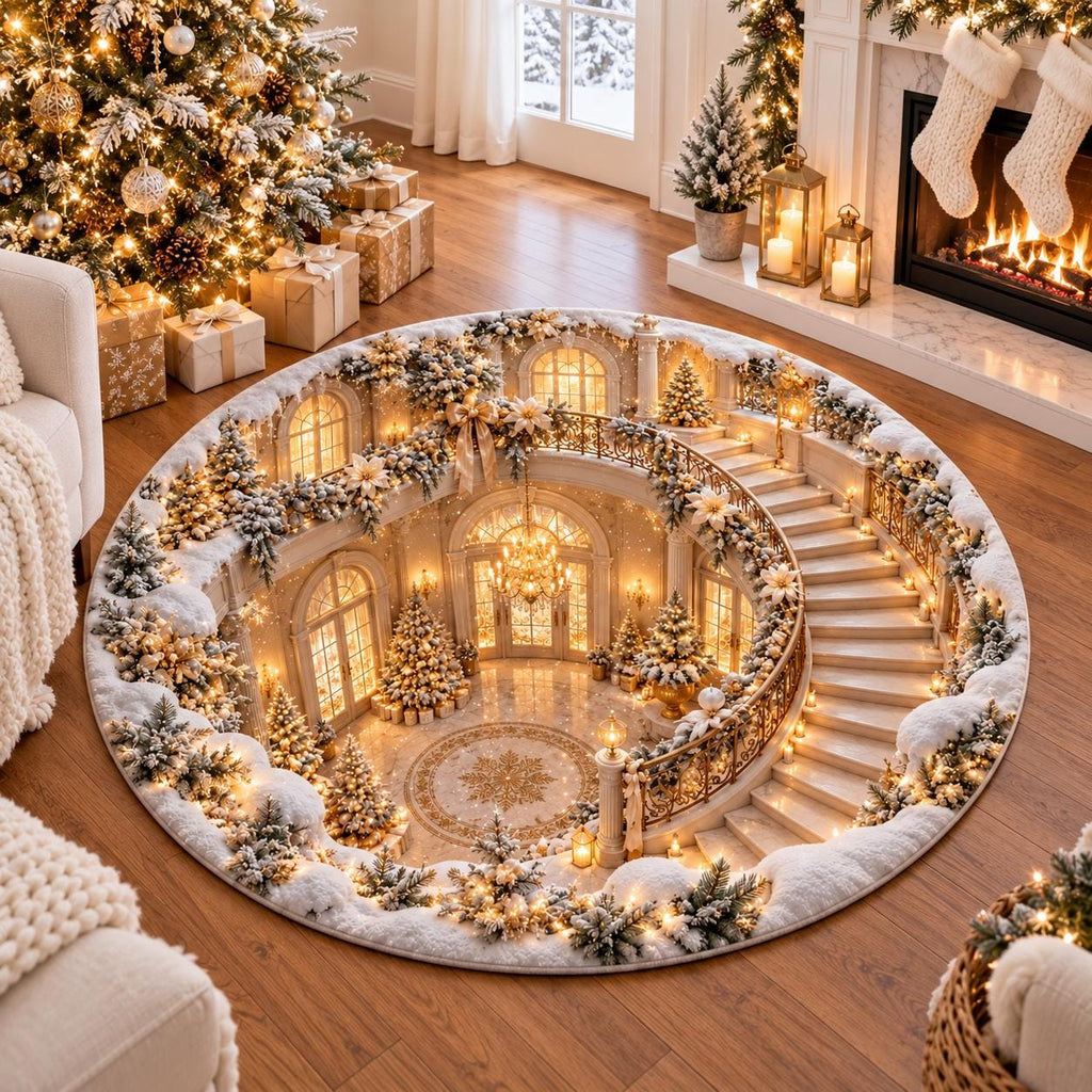 3D Illusion Christmas Round Rug, Elegant White Gold Staircase Floor Mat, Snowy Winter Wonderland Holiday Home Decor
