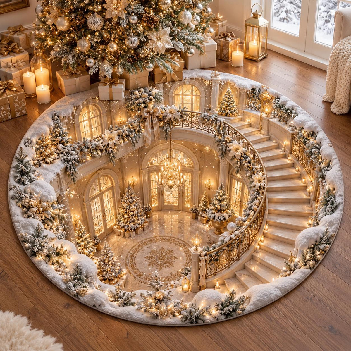 3D Illusion Christmas Round Rug, Elegant White Gold Staircase Floor Mat, Snowy Winter Wonderland Holiday Home Decor