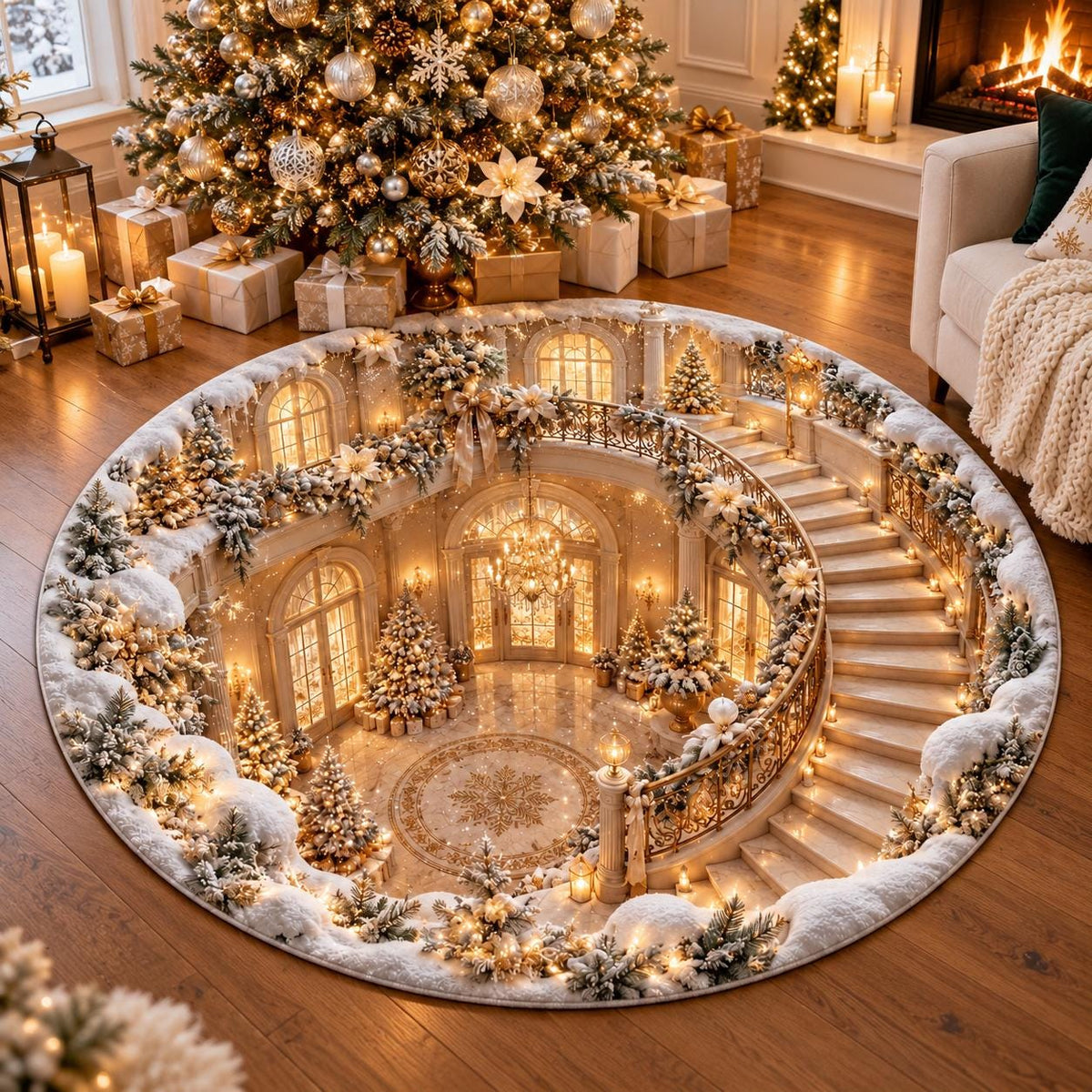 3D Illusion Christmas Round Rug, Elegant White Gold Staircase Floor Mat, Snowy Winter Wonderland Holiday Home Decor