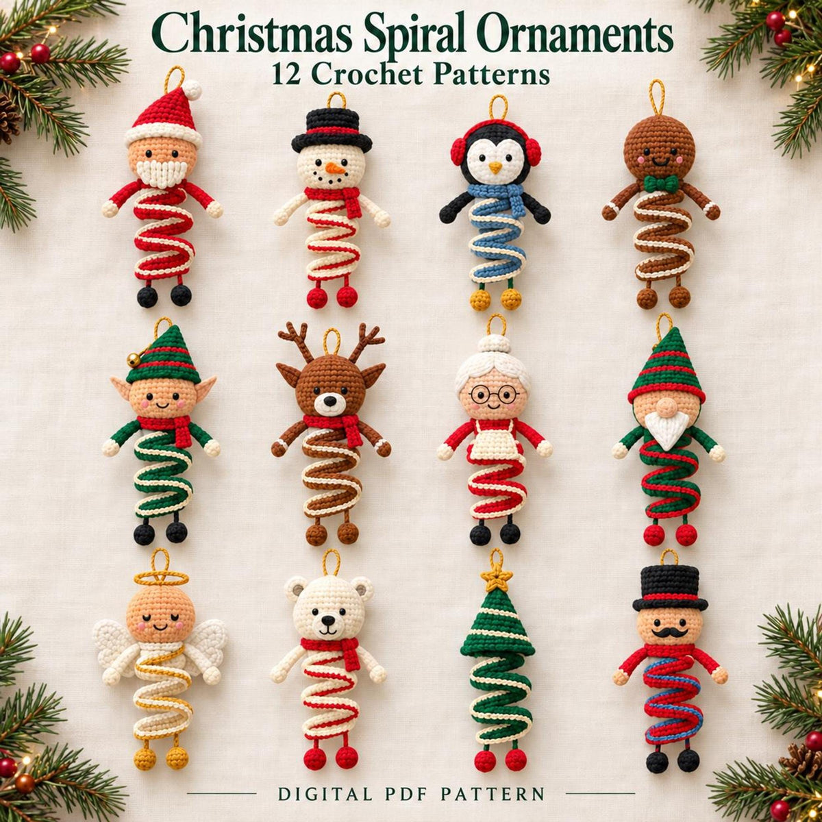 12 Christmas Spiral Ornaments Crochet Wind Spinner Pattern Bundle PDF, Santa Snowman Elf Reindeer Hanging Amigurumi Christmas Home Decor