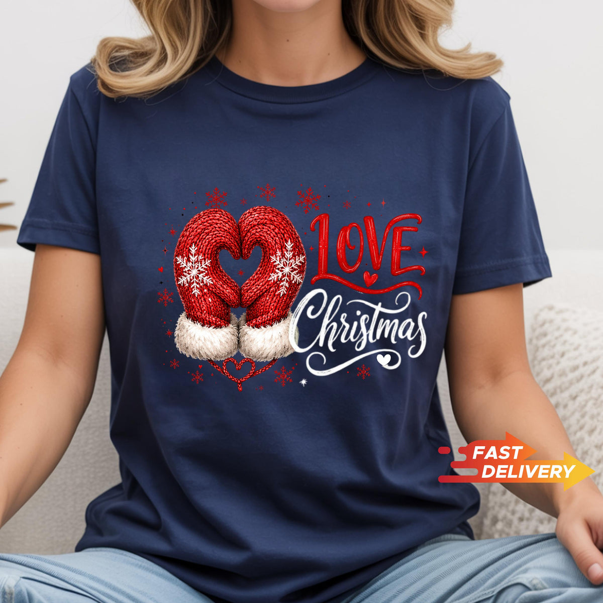 Christmas Sweatshirt, Christmas Shirt, Love Christmas Tee, Cute Mitten Xmas Top, Holiday Gift for Her, Winter Pullover, Festive Apparel