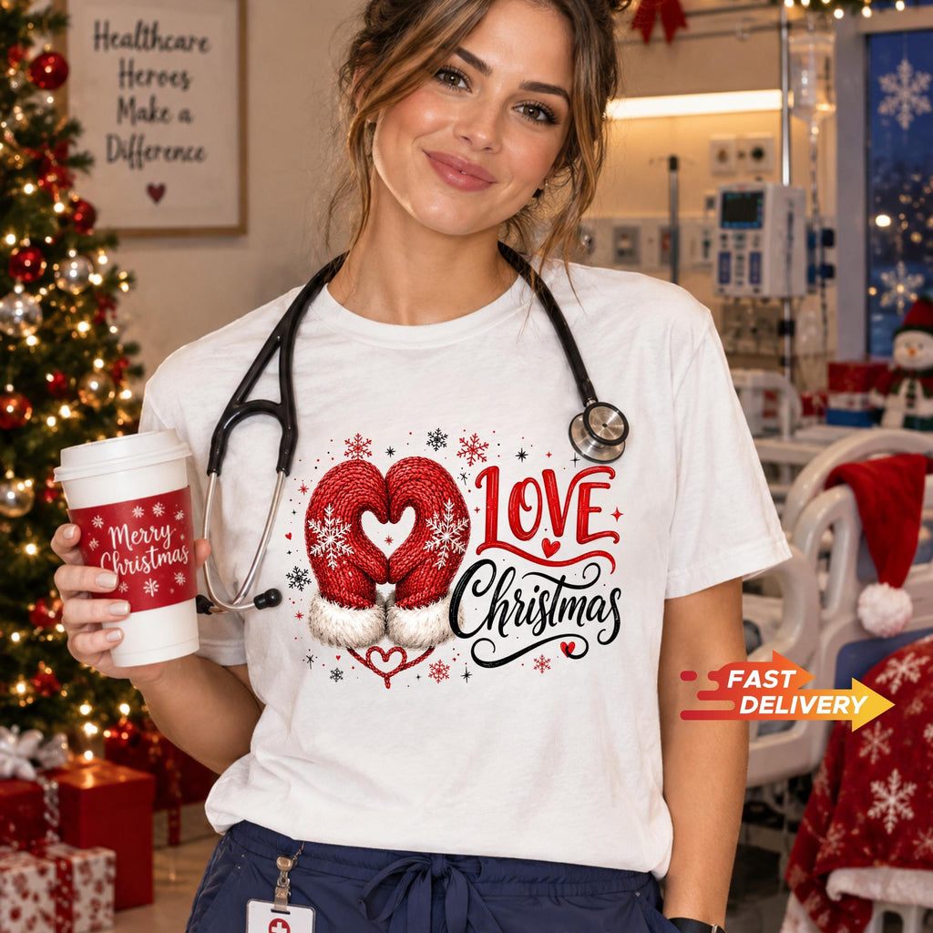 Christmas Sweatshirt, Christmas Shirt, Love Christmas Tee, Cute Mitten Xmas Top, Holiday Gift for Her, Winter Pullover, Festive Apparel