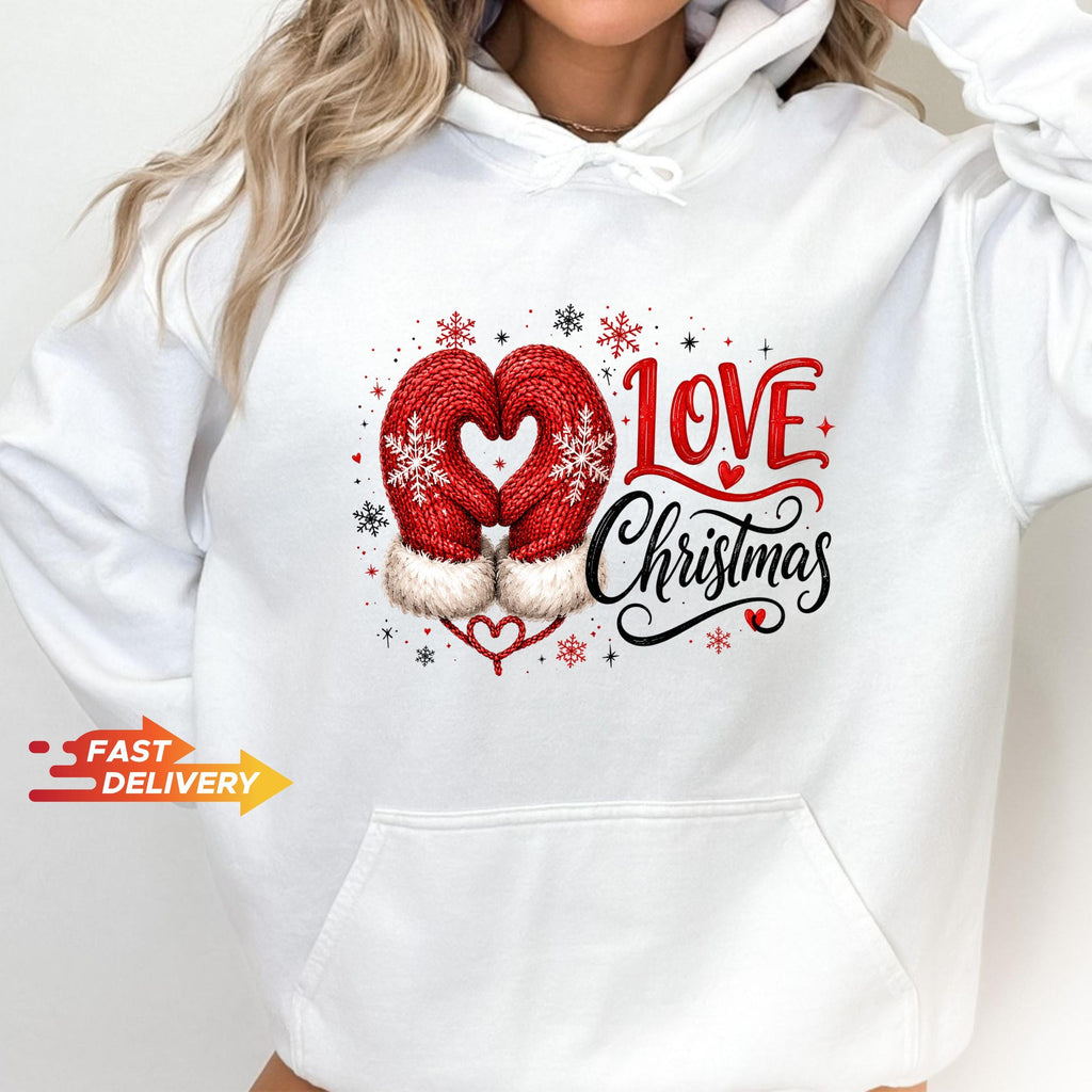 Christmas Sweatshirt, Christmas Shirt, Love Christmas Tee, Cute Mitten Xmas Top, Holiday Gift for Her, Winter Pullover, Festive Apparel