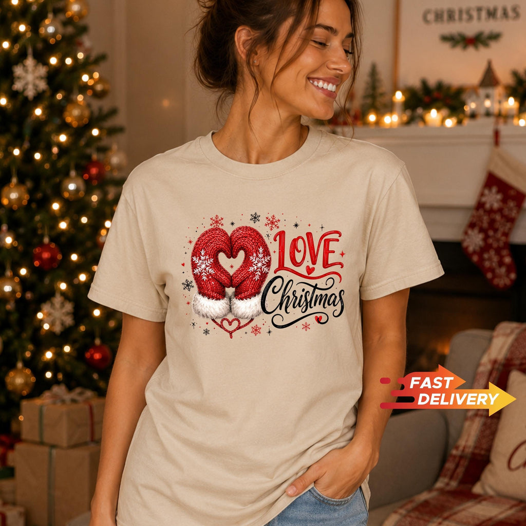Christmas Sweatshirt, Christmas Shirt, Love Christmas Tee, Cute Mitten Xmas Top, Holiday Gift for Her, Winter Pullover, Festive Apparel