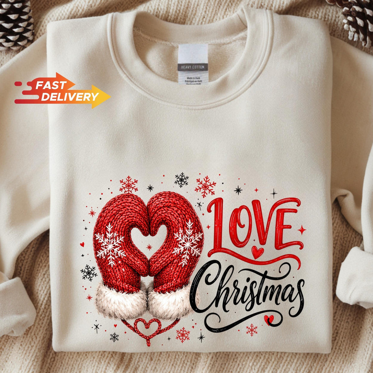 Christmas Sweatshirt, Christmas Shirt, Love Christmas Tee, Cute Mitten Xmas Top, Holiday Gift for Her, Winter Pullover, Festive Apparel
