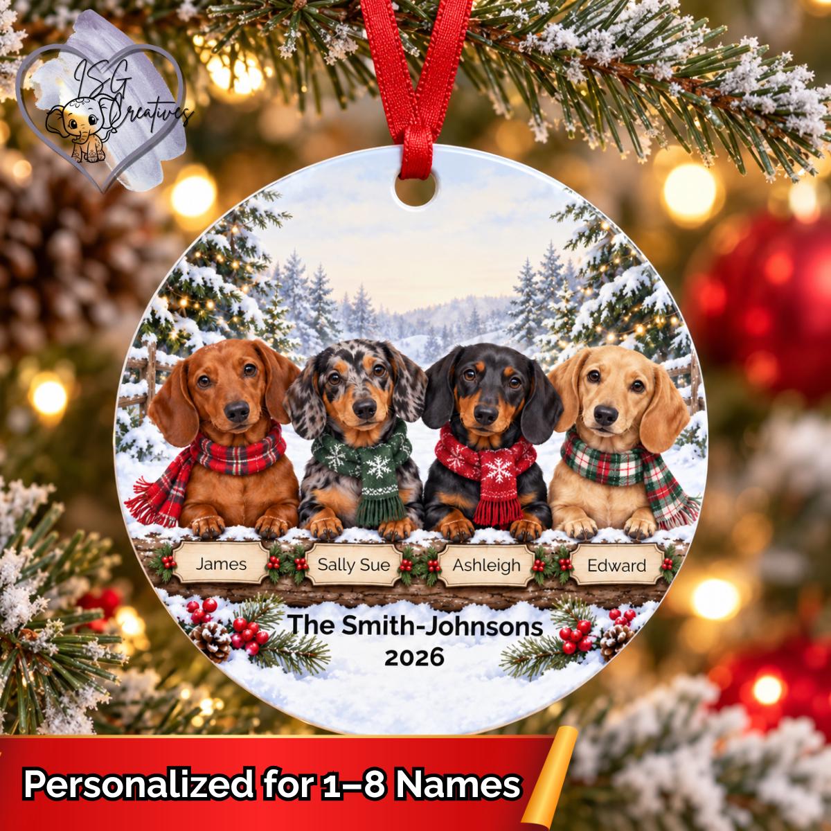 Personalized Dachshund Family Metal Ornament | Custom Names, Snowy Christmas Scene, 2026