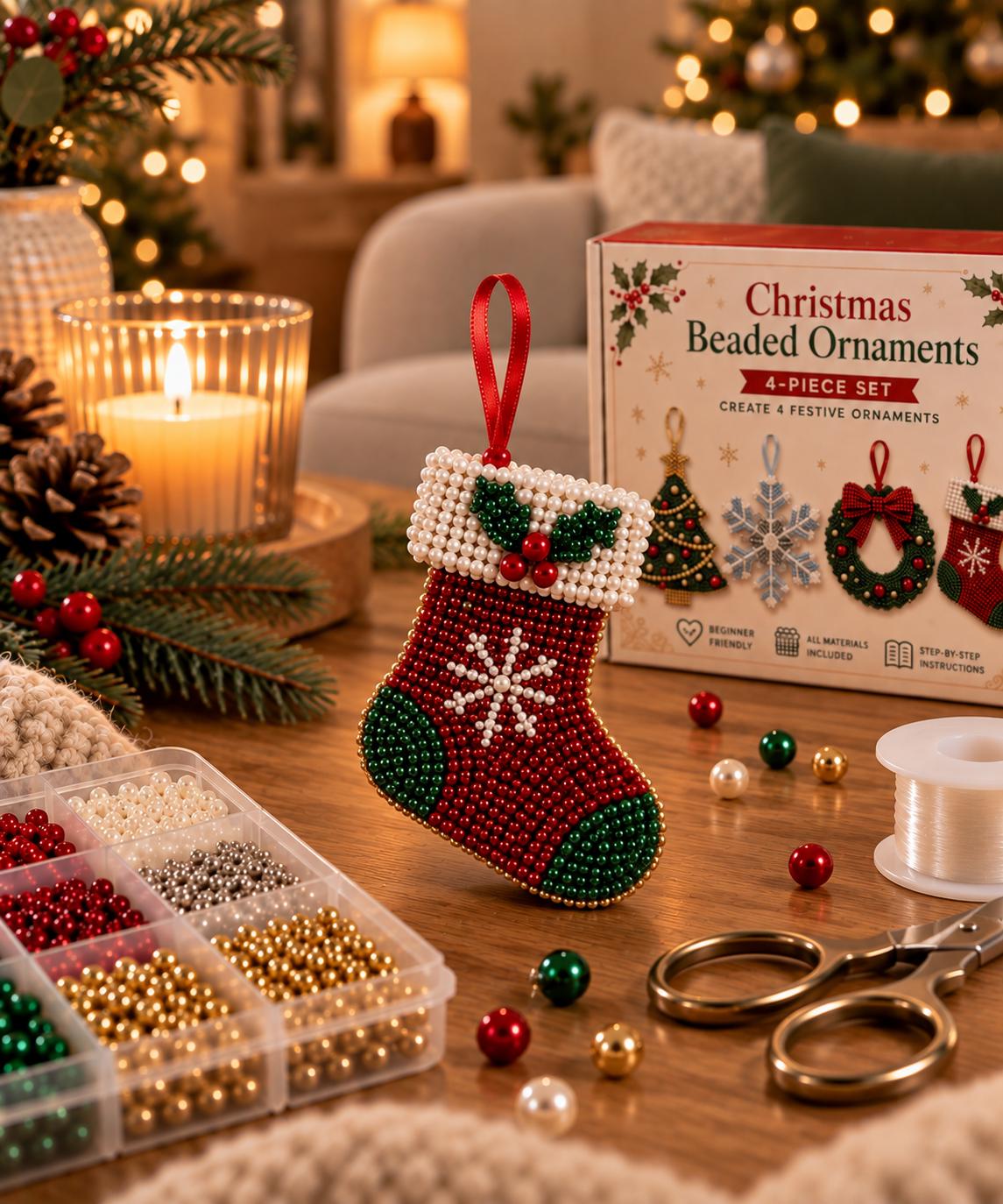 4 Pieces Christmas Beaded Ornament Kit – DIY Christmas Tree Decorations – Snowflake, Wreath, Stocking & Tree Craft Set