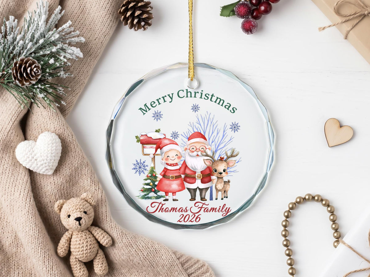 Personalized Family Christmas Glass Ornament, Custom Name Year Keepsake, Santa Holiday Tree Decor, Round Glass Ornament Gift