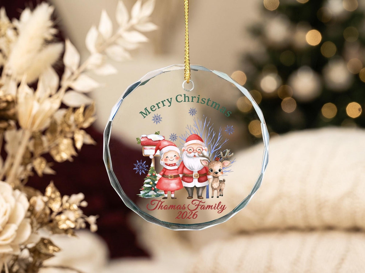 Personalized Family Christmas Glass Ornament, Custom Name Year Keepsake, Santa Holiday Tree Decor, Round Glass Ornament Gift