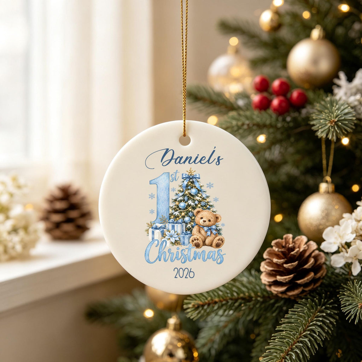 Personalized Baby 1st Christmas Ornament, Teddy Bear Name Keepsake, Christmas Gift for Granddaughter,Cozy Winter Home Accent