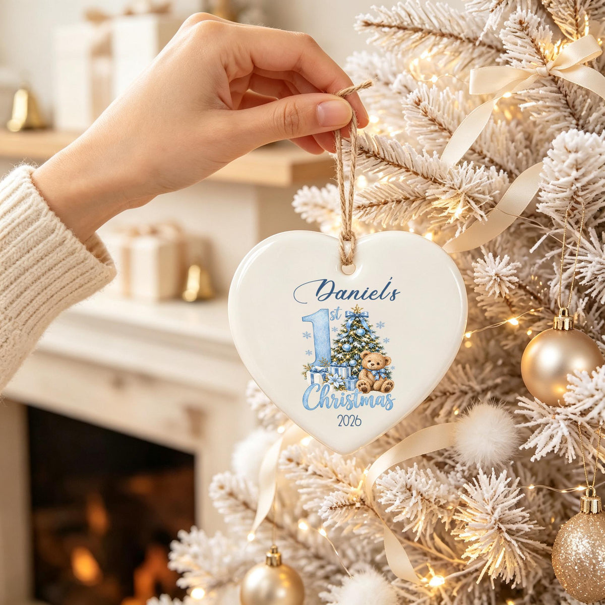 Personalized Baby 1st Christmas Ornament, Teddy Bear Name Keepsake, Christmas Gift for Granddaughter,Cozy Winter Home Accent