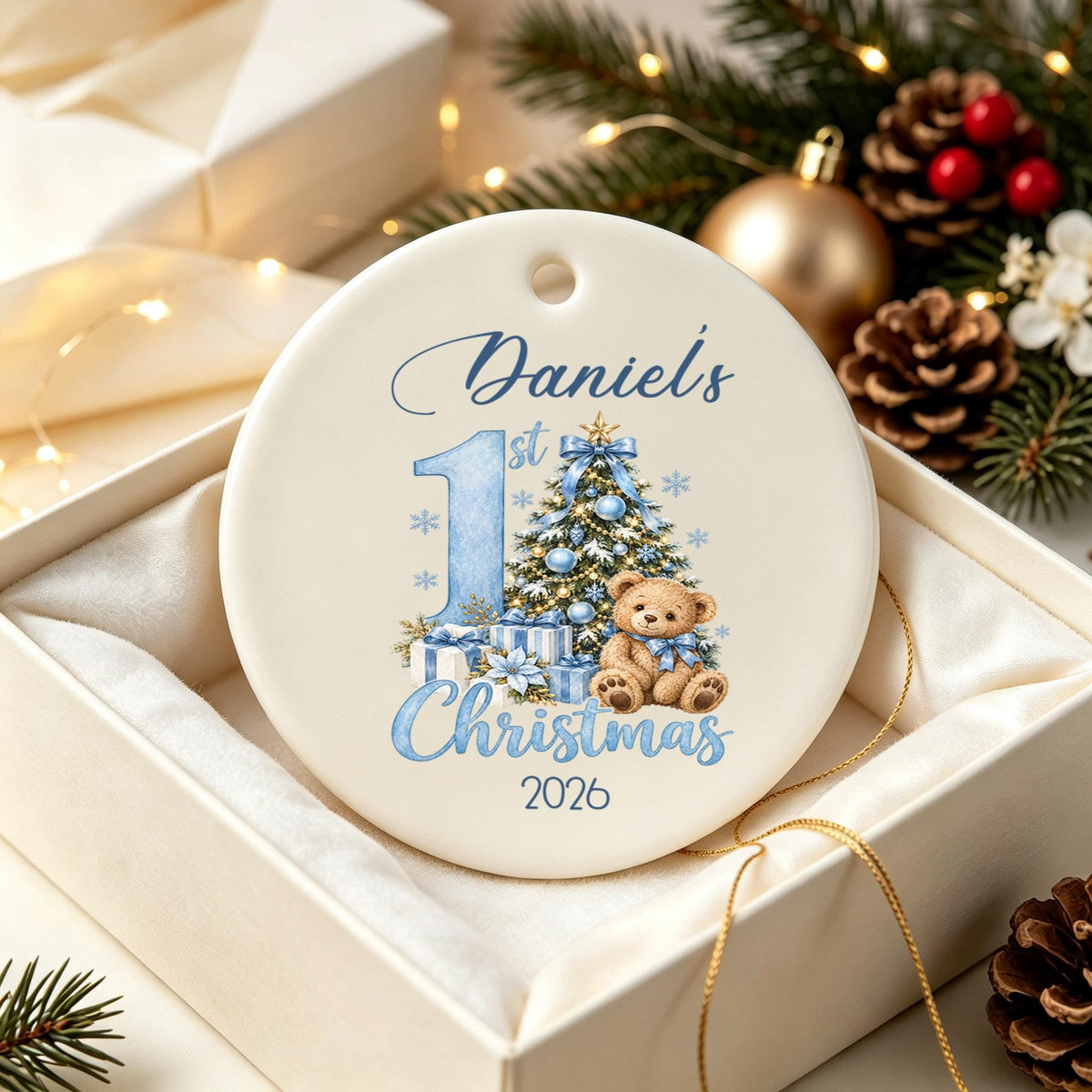 Personalized Baby 1st Christmas Ornament, Teddy Bear Name Keepsake, Christmas Gift for Granddaughter,Cozy Winter Home Accent