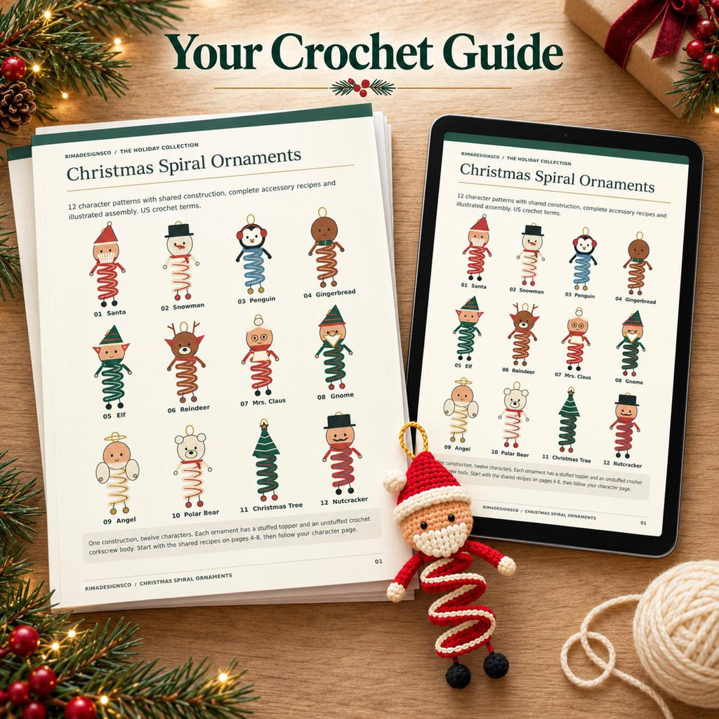 12 Christmas Spiral Ornaments Crochet Wind Spinner Pattern Bundle PDF, Santa Snowman Elf Reindeer Hanging Amigurumi Christmas Home Decor
