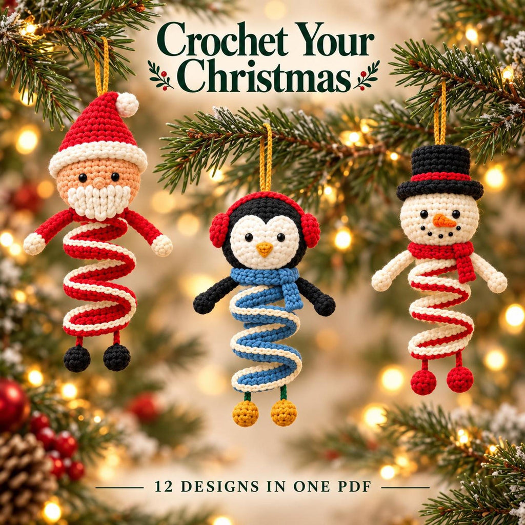12 Christmas Spiral Ornaments Crochet Wind Spinner Pattern Bundle PDF, Santa Snowman Elf Reindeer Hanging Amigurumi Christmas Home Decor
