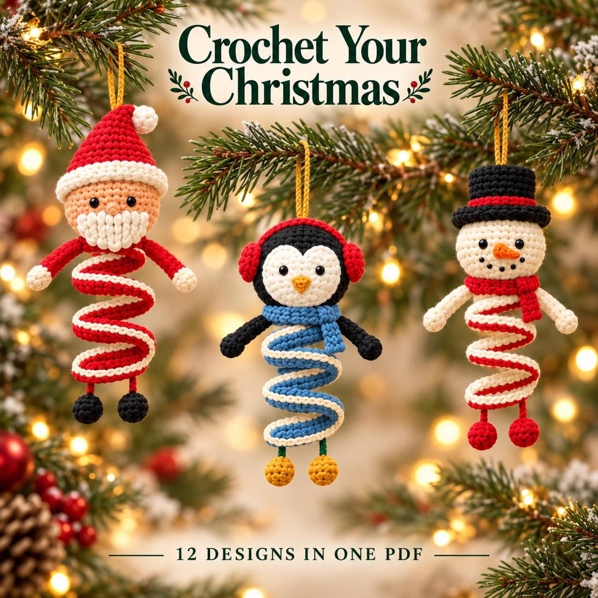 12 Christmas Spiral Ornaments Crochet Wind Spinner Pattern Bundle PDF, Santa Snowman Elf Reindeer Hanging Amigurumi Christmas Home Decor