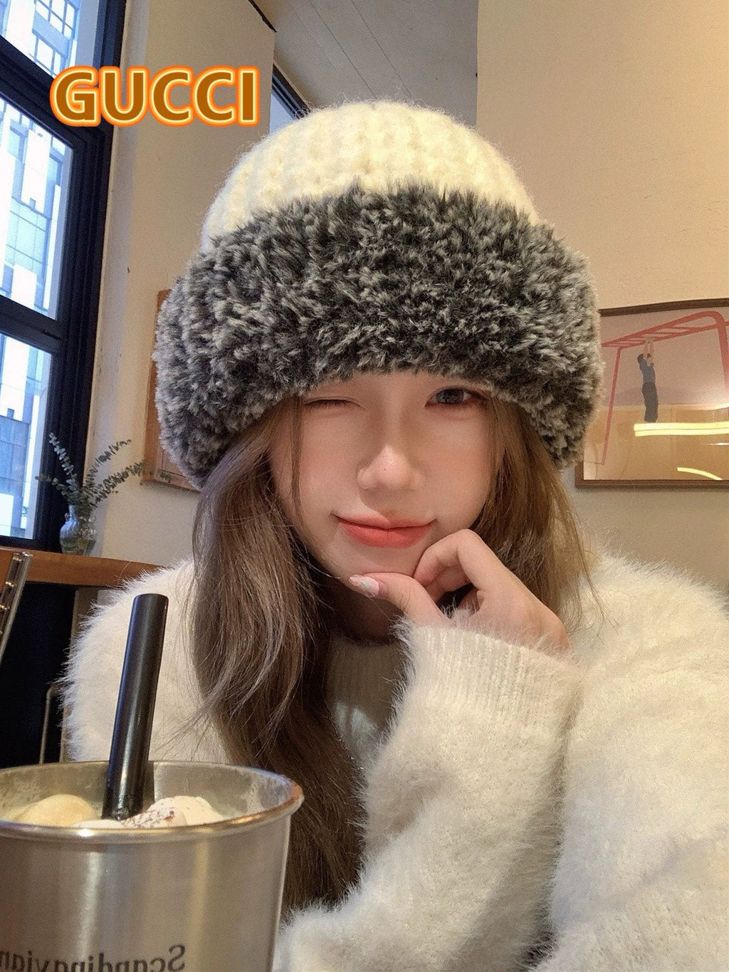 BEANIE HAT IN WHITE WOOL AND FLEECE 399546