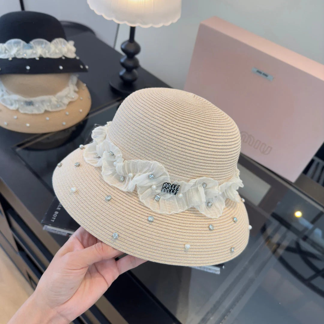 Miu Miu Straw Hat With Lace And Rhinestone 278290
