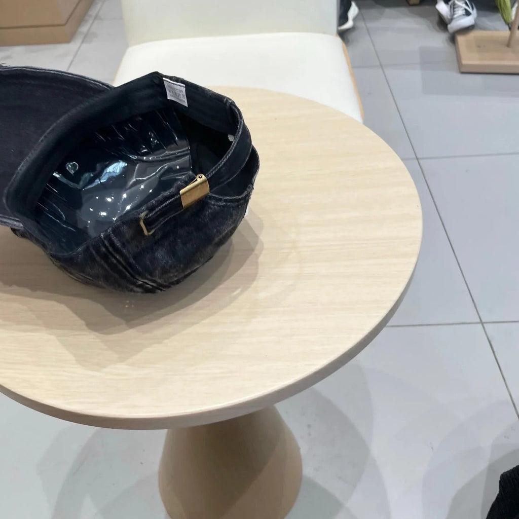 MM DISTRESSED FABRIC BASEBALL CAP IN BLACK WITH EMBROIDERED LOGO